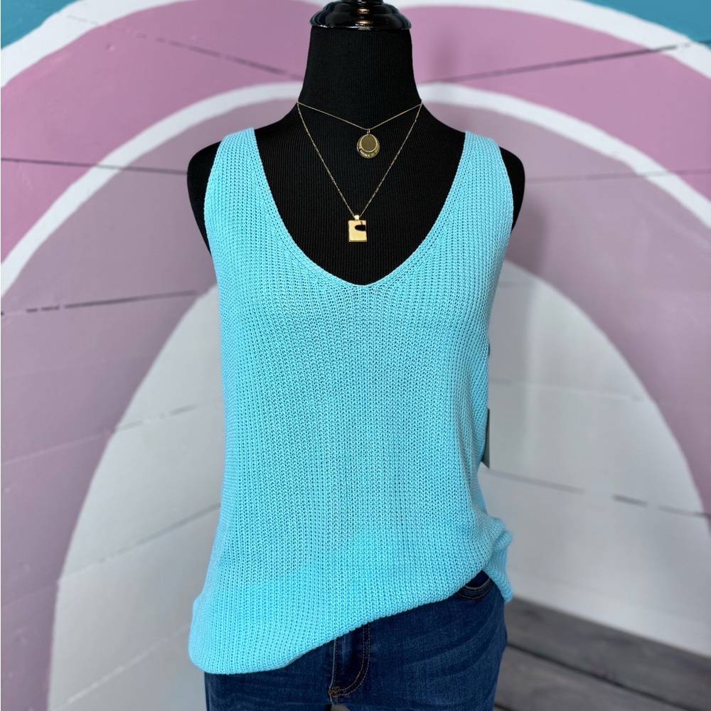 Boutique Brand Sky Blue Double V Neck Knit Tank Top Blouse 💗
